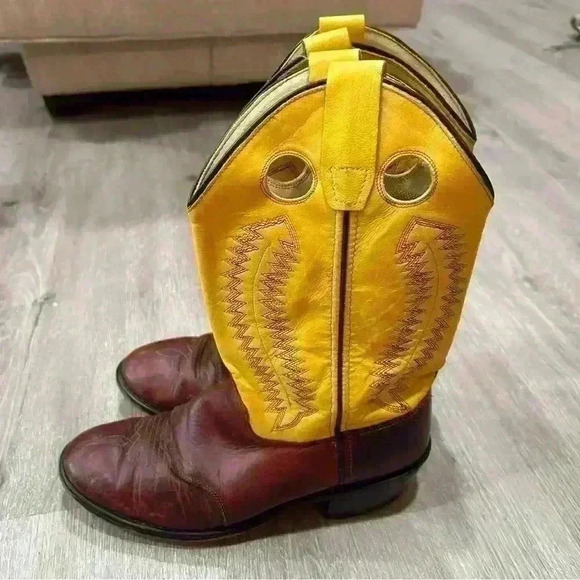 Old West Brown Yellow Leather Western Cowboy Boots Men’s Size 5.5 - Picture 3 of 8